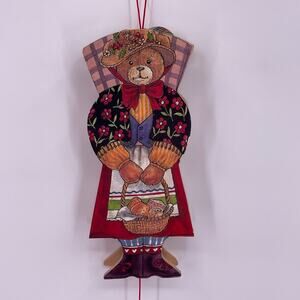 Vintage 1986 Terri Floyd Christmas Hanging Bear Wood Ornament Pop Up Pull String
